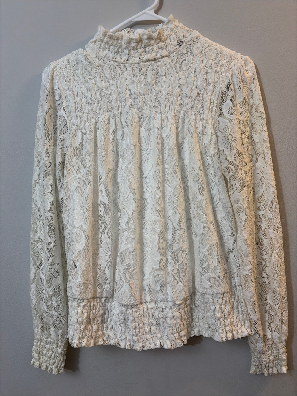 ADIVA Ivory Floral Lace Mock High Neck Blouse Small Long Sleeve Cottage Romantic